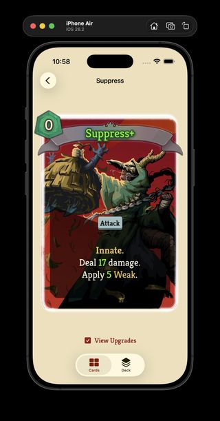 Neow's Cafe Supress card detail showing upgraded colored description values