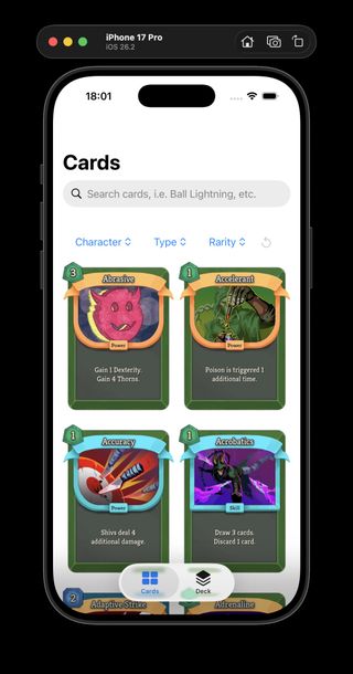 Neow's Cafe card catalog screen showing a two-column grid of Slay the Spire 2 cards