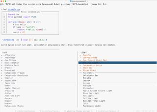 Screenshot of ghostty-theme-picker showing a light-themed terminal with a code preview and side-by-side dark and light Ghostty theme lists