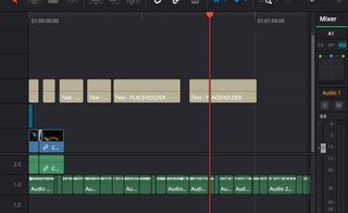 Screenshot of a video editing timeline with EDControlRoom footage, text placeholders, and audio clips