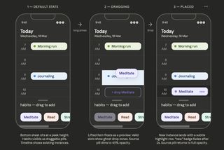 ProjectDawn UI and interaction mockups showing the default state, dragging state, and placed state