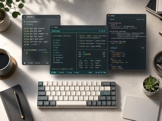 Stylized macOS developer workspace showing tmux, Ghostty, and Emacs as a dotfiles project illustration
