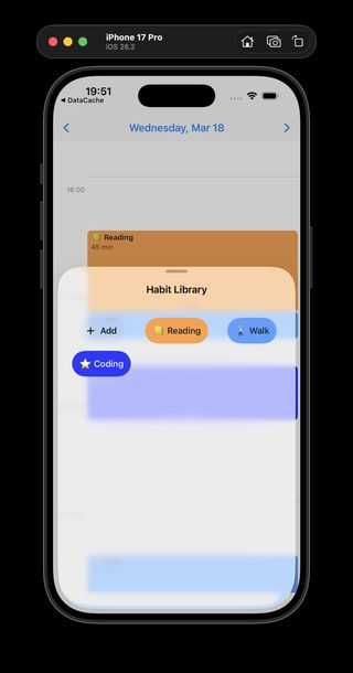 ProjectDawn habit library shown as an expanded bottom sheet over the timeline
