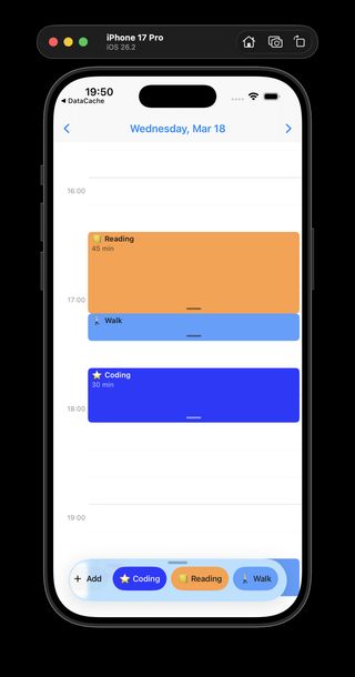 ProjectDawn main timeline view with logged habits and the collapsed tray at the bottom
