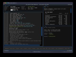 Screenshot of EDControlRoom showing a terminal control room interface for Elite Dangerous with ship status, activity, market, and haul panels